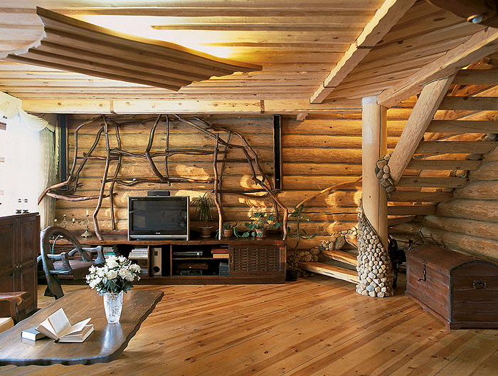 интерьер деревянной дачи 
